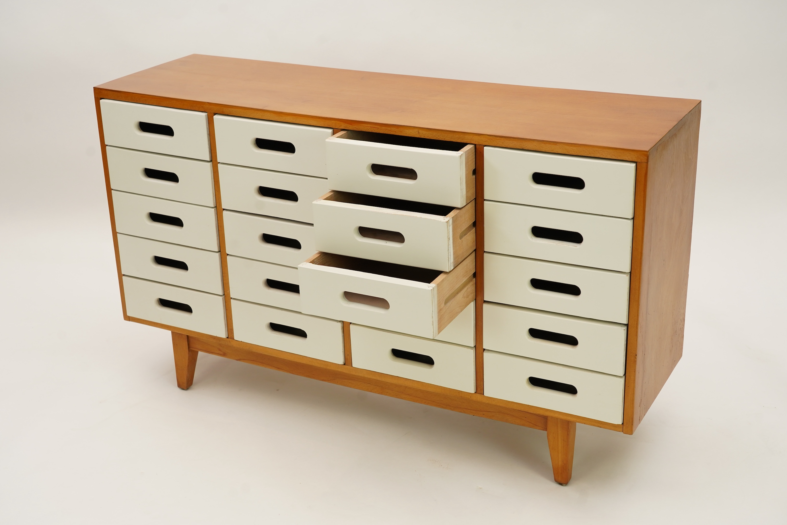 James Leonard (British, 20th century) for Esavian (E.S.A) Education Supply Association Ltd: A School (Scgool) bank of drawers
